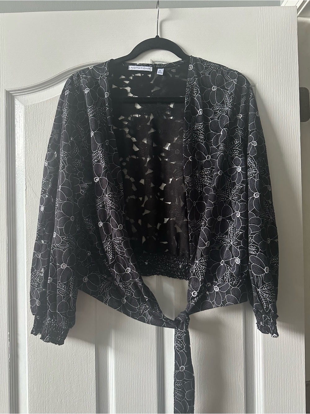 Notations Black Sheer Floral Tie-Front Blouse